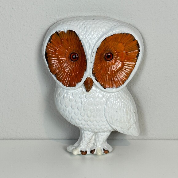 Vintage Chalkware Owl Wall Hanging White Brown 70s Boho Nature - Picture 2 of 7
